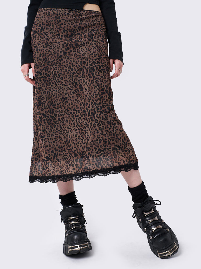 Leopard midi 2025 skirt lace trim