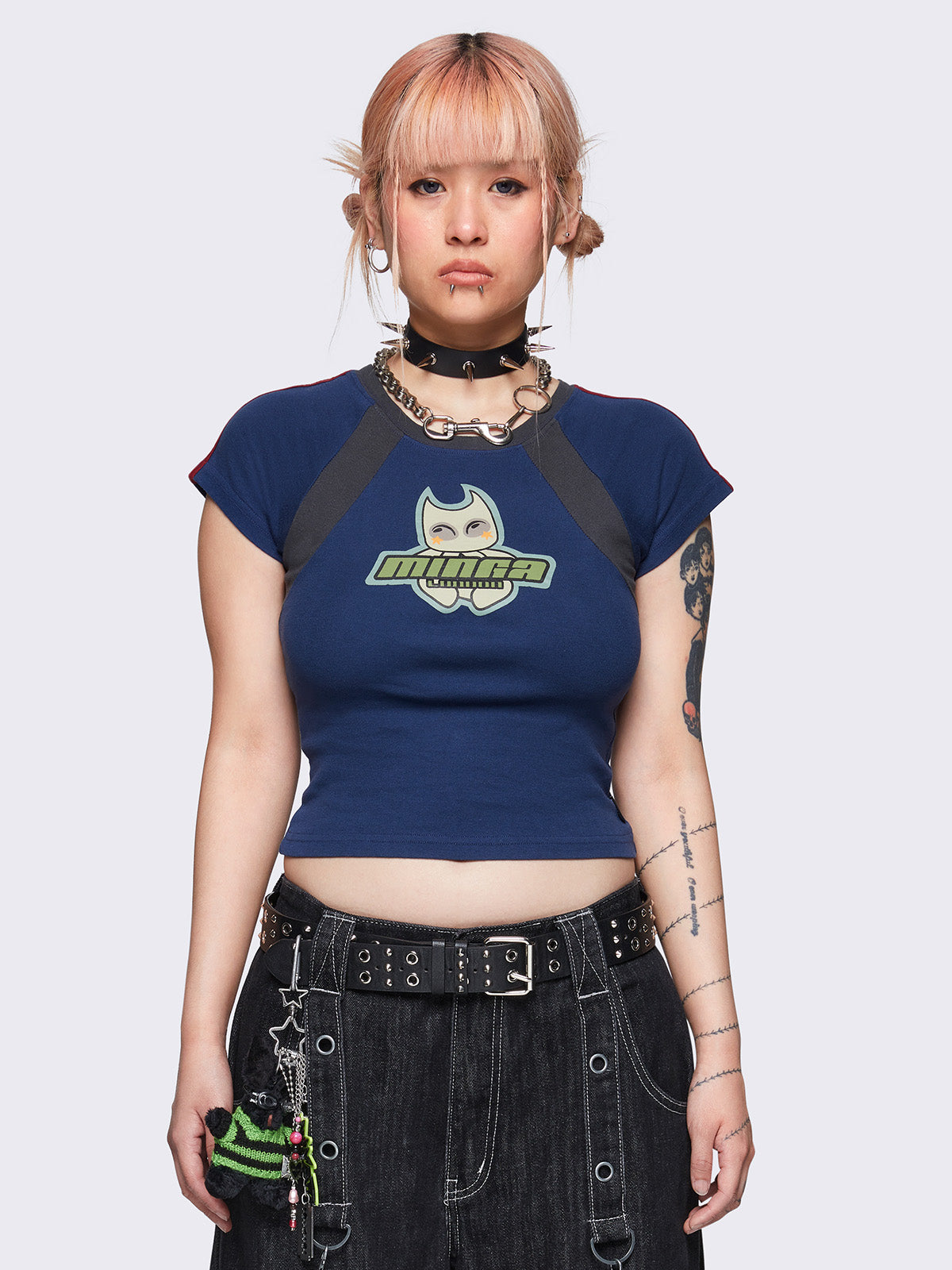 Graphic baby tee top in blue with cartoon front print