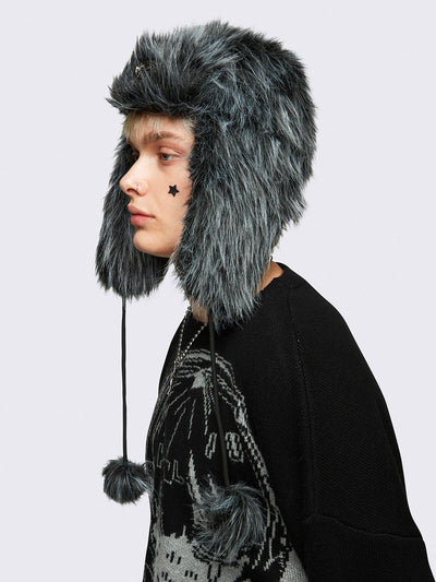 Faux frosted fur trapper hat in black and grey