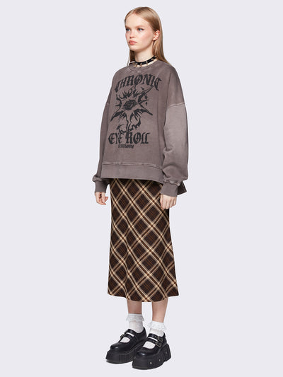 Flared midi skirt in brown and beige plaid check pattern