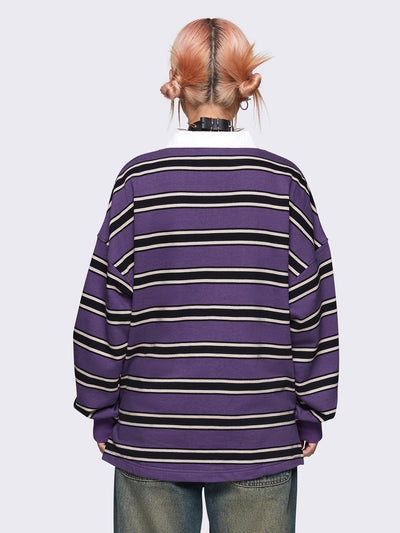 Striped oversized rugby polo in purple