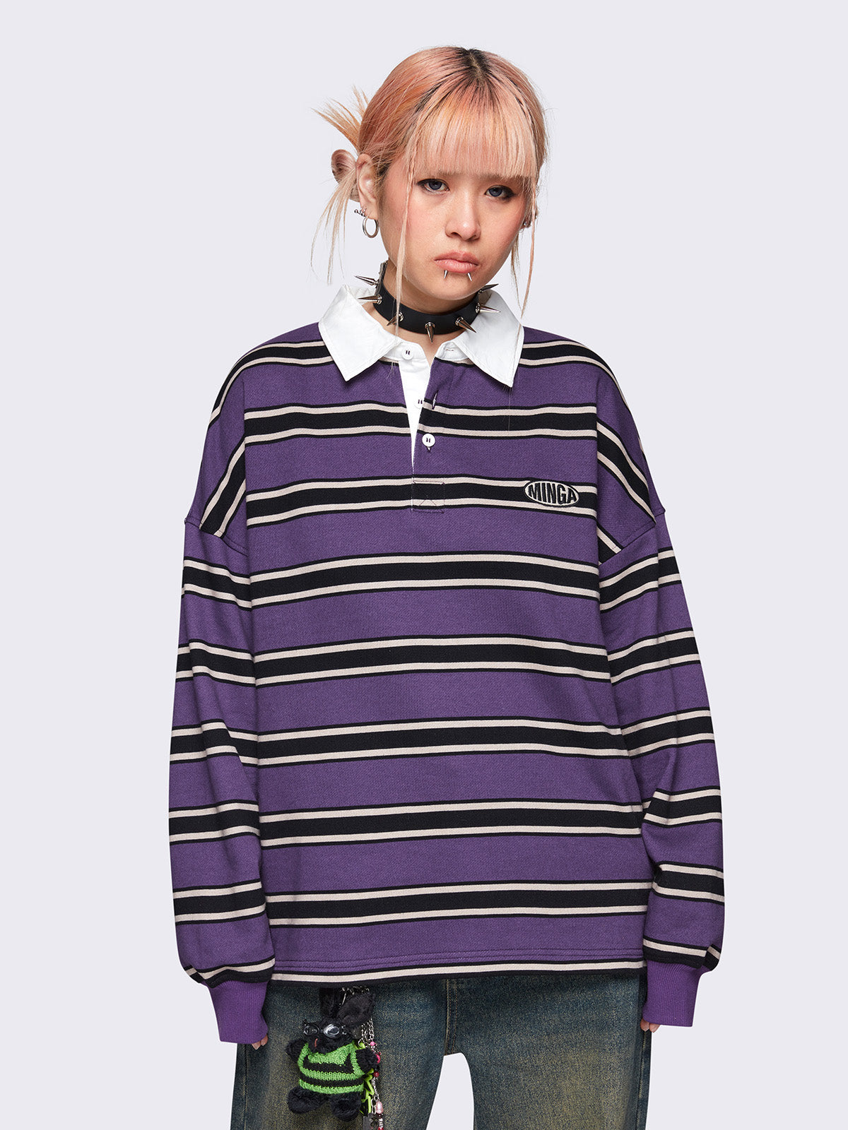 Striped oversized rugby polo in purple