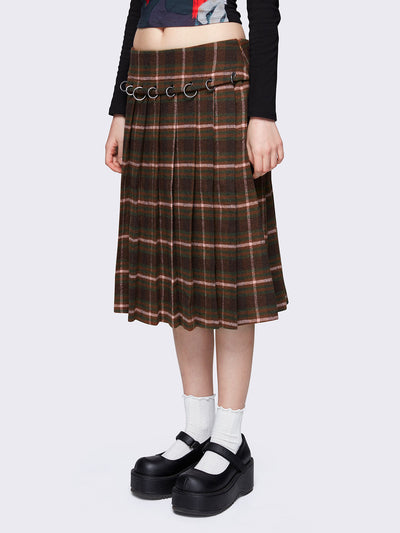 Flannel pleated midi skirt in brown plaid check pattern