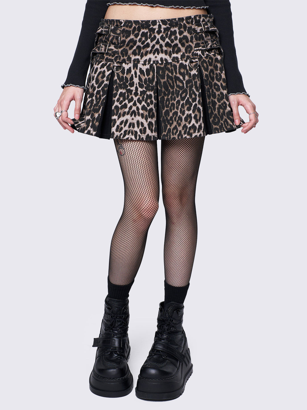 Leopard Pleated Mini Skirt with Buckle Details Minga London