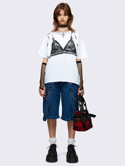 Oversized t-shirt in white with bra graphic print