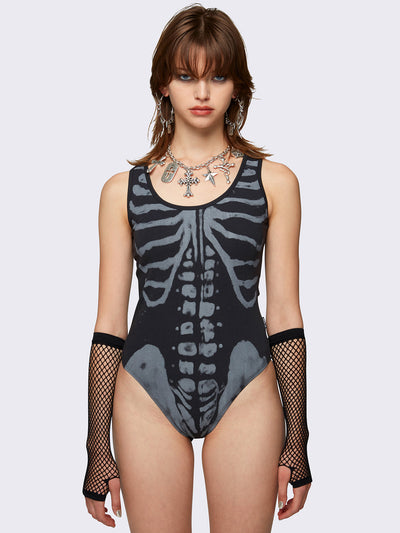 Black bodysuit with skeleton graphic print