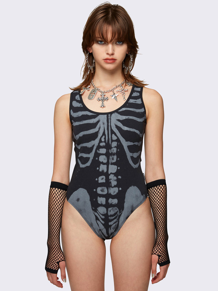 Badinka Bodysuit Women's Medium Grunge Rave Halloween Skeleton top Bone Costume