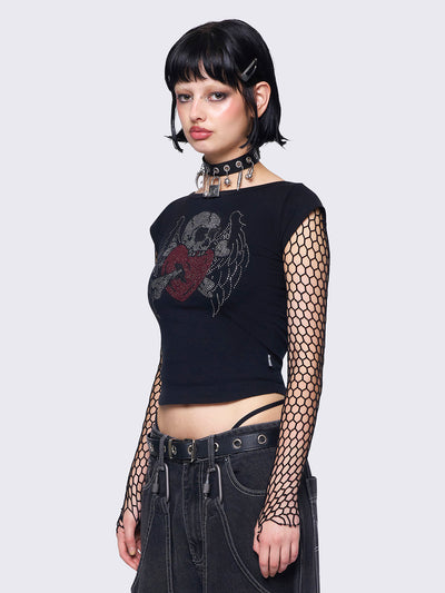 Black capped sleeve tee featuring a skull heart rhinestone graphic, slim fit, and a rounded neckline.