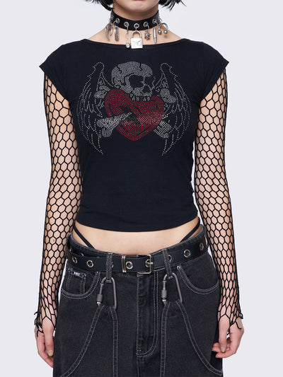 Black capped sleeve tee featuring a skull heart rhinestone graphic, slim fit, and a rounded neckline.