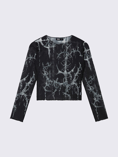 Black graphic long sleeve mesh top