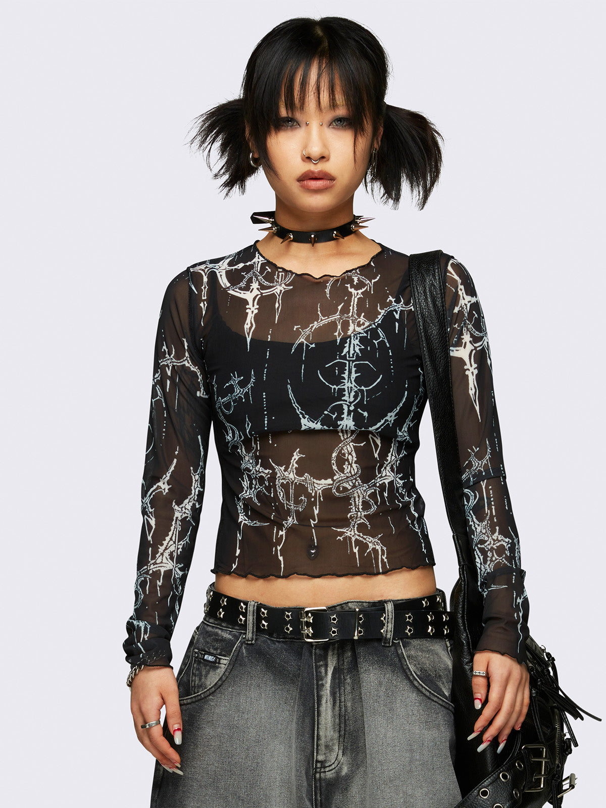 Black graphic long sleeve mesh top