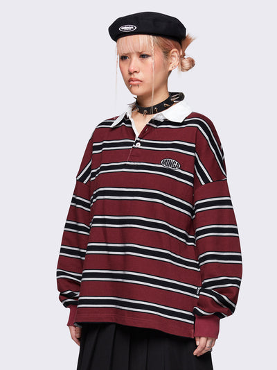 Striped oversized rugby polo in burgundy