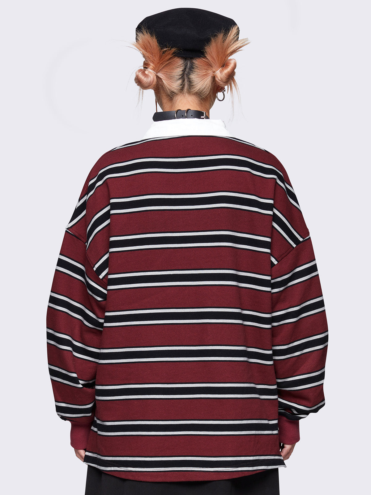 Striped oversized rugby polo in burgundy