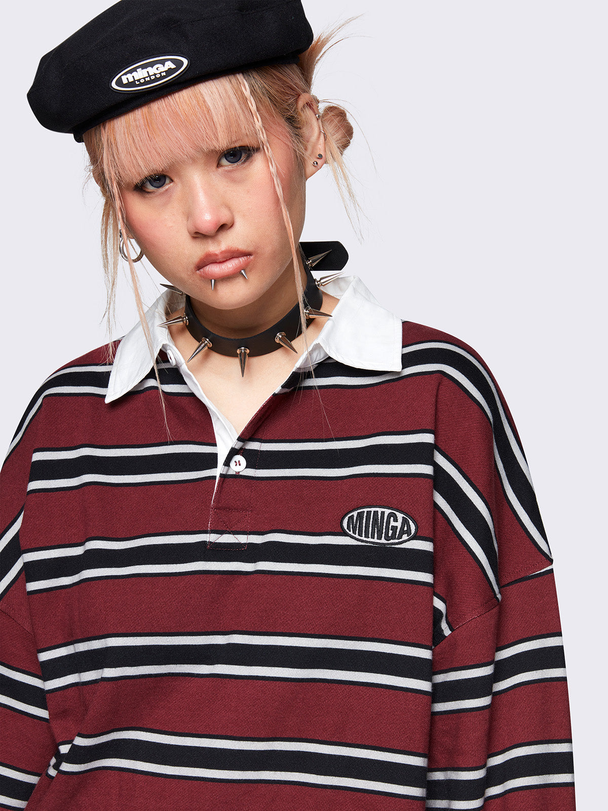 Striped oversized rugby polo in burgundy