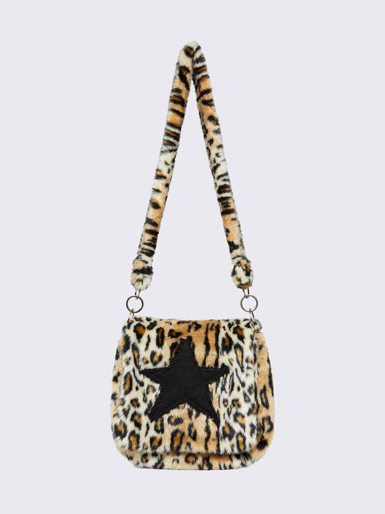 Leopard Faux Fur Crossbody Bag with Star Patch Minga London