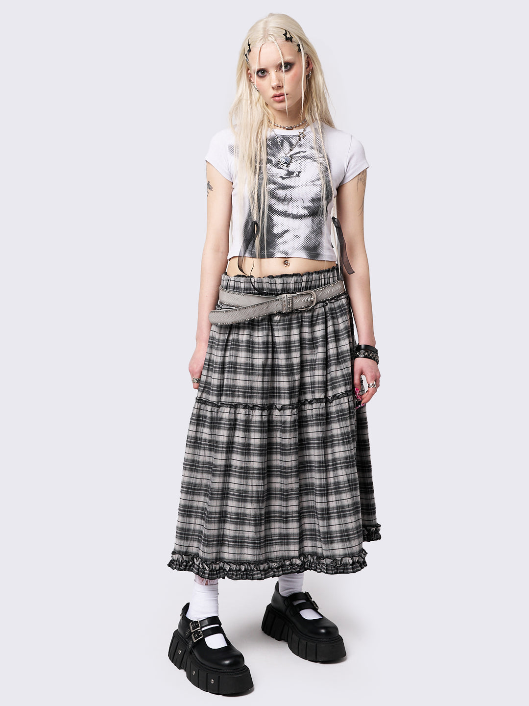 Black and White Checkered Ruffled Frill Maxi Skirt Minga London