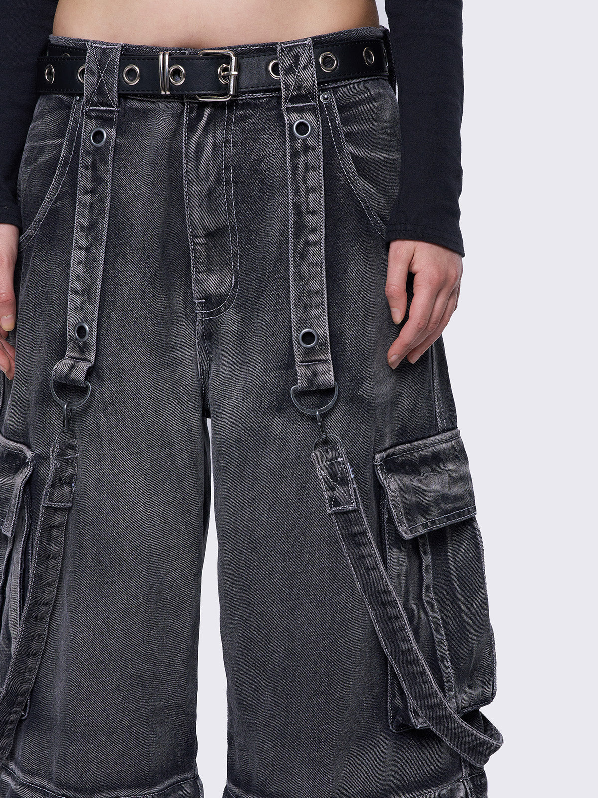 Wide leg and regular waist multi pocket cargo jeans in washed grey. Detachable-leg with zipper and all over straps and D-rings details.