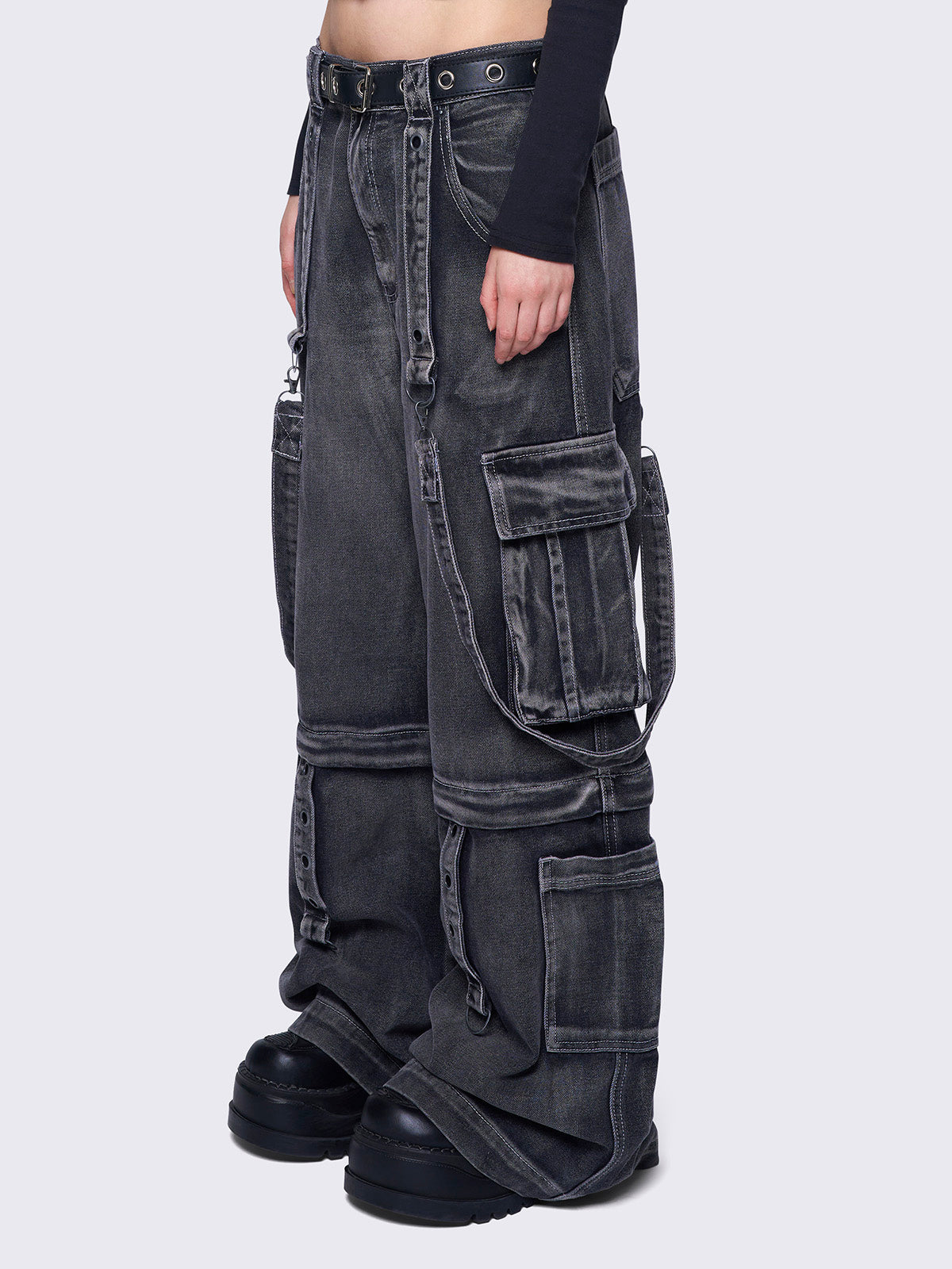 Wide leg and regular waist multi pocket cargo jeans in washed grey. Detachable-leg with zipper and all over straps and D-rings details.