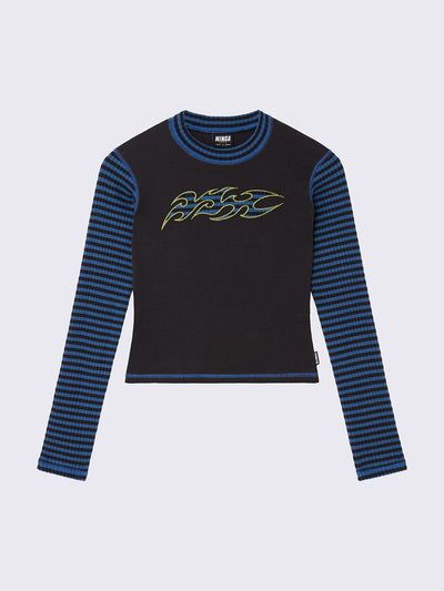 Black long sleeve top with blue and black ribbed contrast sleeves and front striped tribal patch