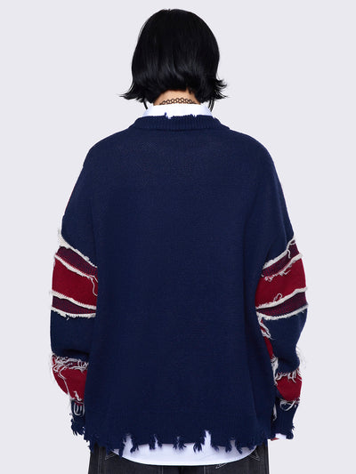 Knitted jumper with frayed uk flag and distressed details