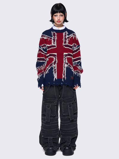 Knitted jumper with frayed uk flag and distressed details