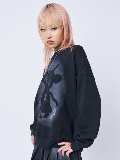 Black Oversized Sweater with Alien Swirl Eyes Graphic - Quirky Y2K ...