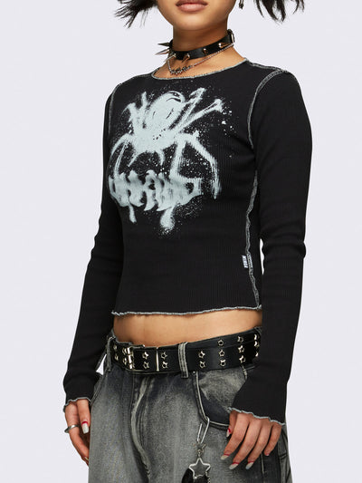 Graphic rib top in black with spider graphic front print