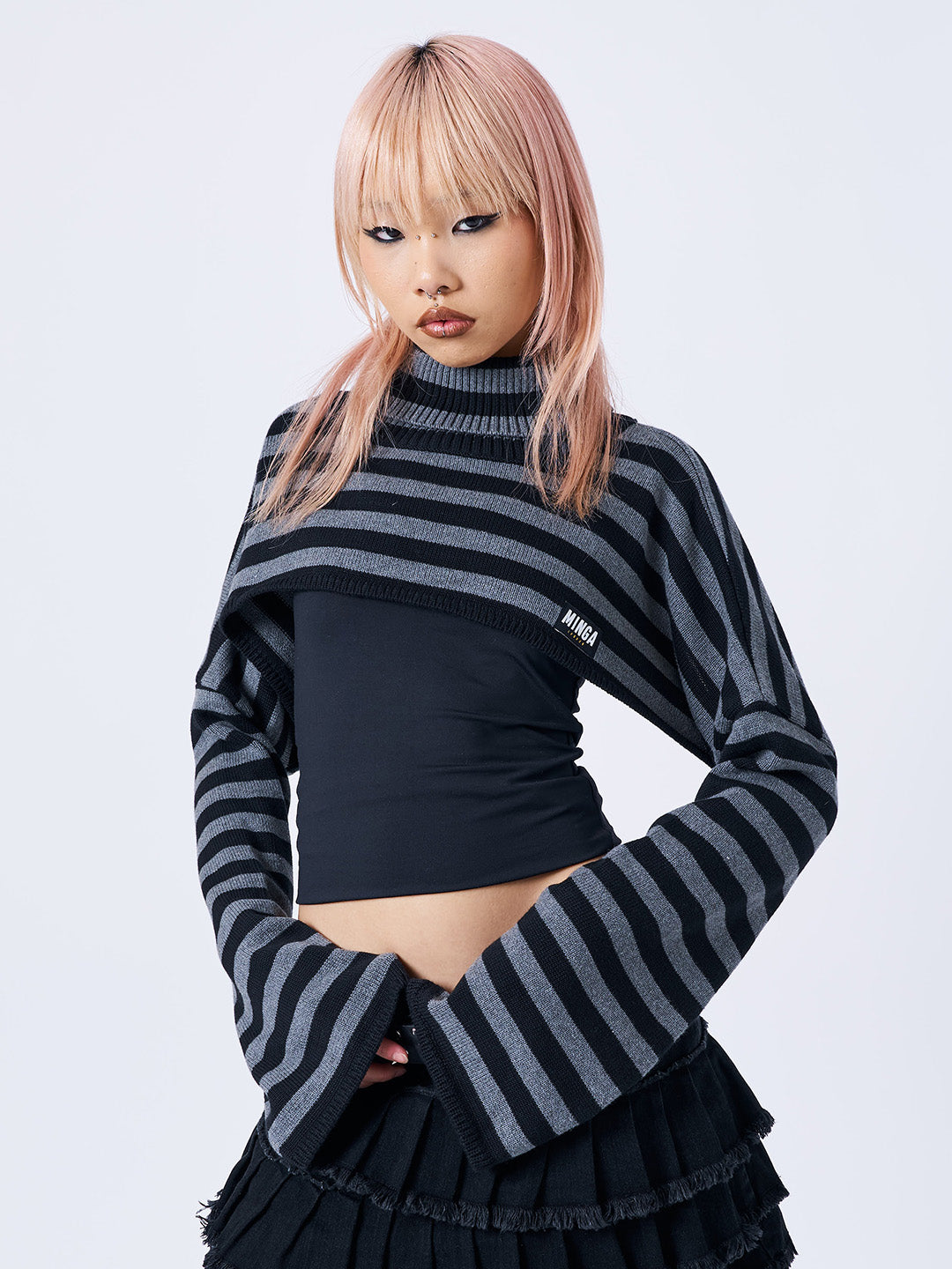 Black & Grey Striped Extreme Cropped Knit Top with High Neck - Y2K ...