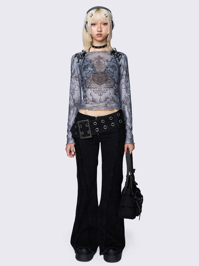 Grey printed mesh crop top with an all-over graphic print, black lace-up details, and reverse stitching for an edgy touch.