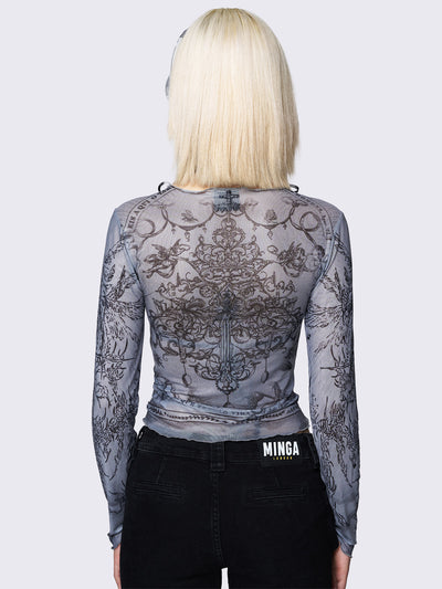 Grey printed mesh crop top with an all-over graphic print, black lace-up details, and reverse stitching for an edgy touch.