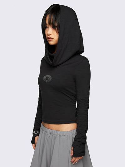 Hooded top in black with cowl neck