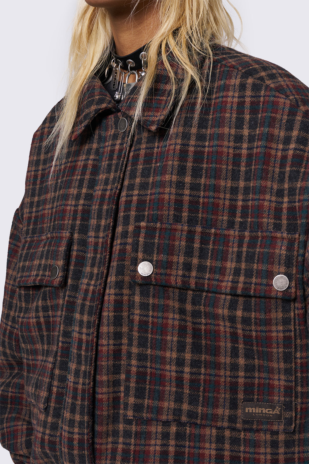 Wool bomber jacket in brown, blue and burgundy plaid pattern featuring a boxy oversize fit