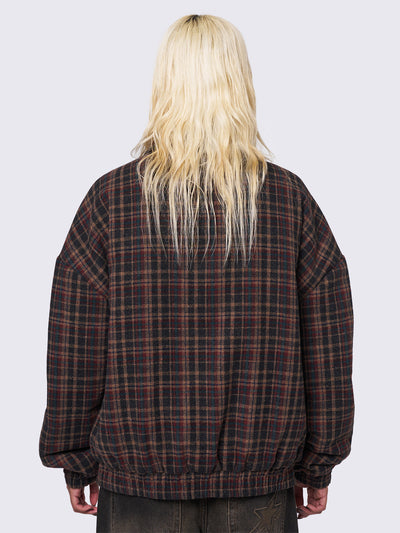 Wool bomber jacket in brown, blue and burgundy plaid pattern featuring a boxy oversize fit