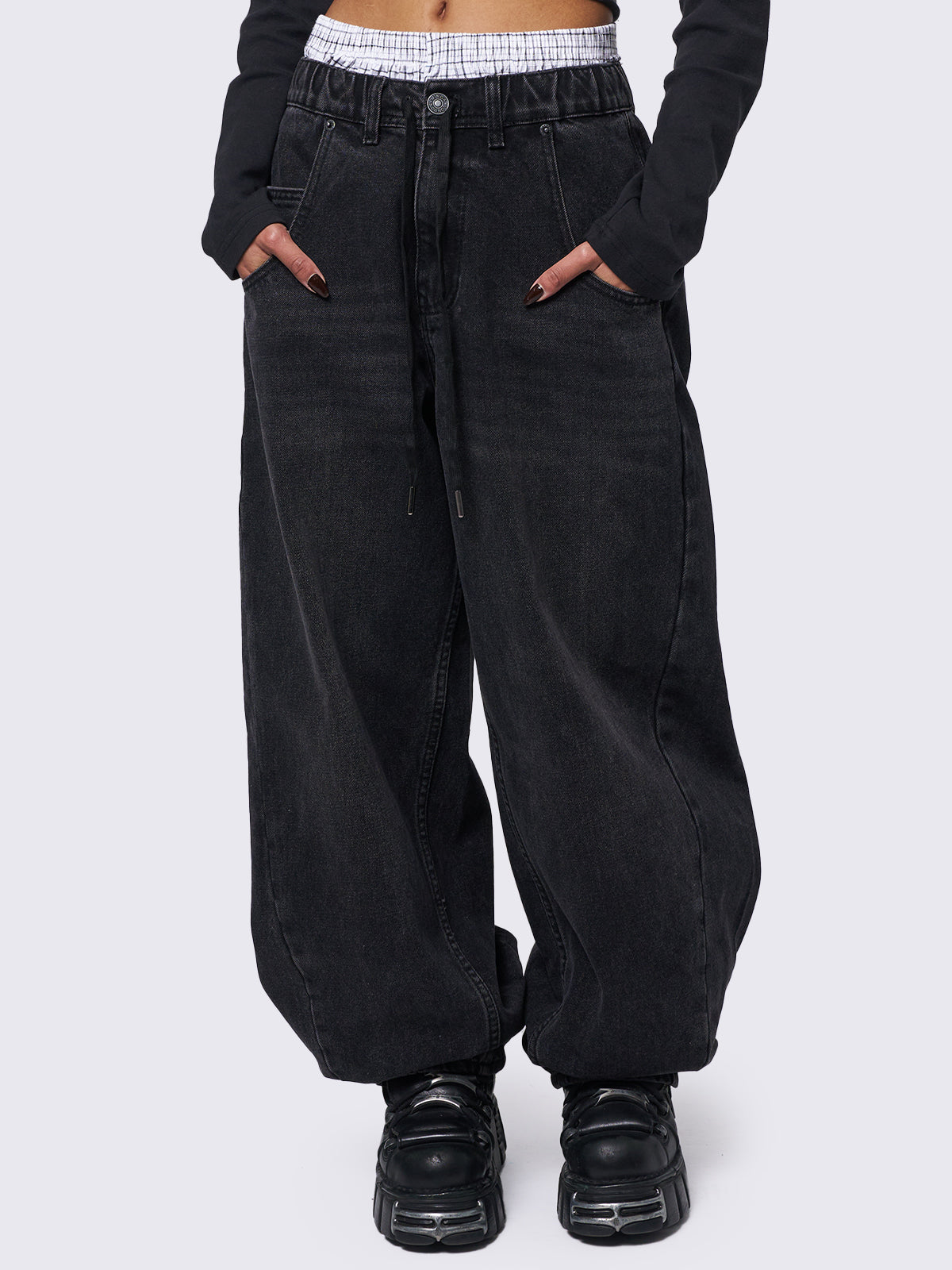 Oversized balloon jeans in washed black featuring elasticated drawstring waist