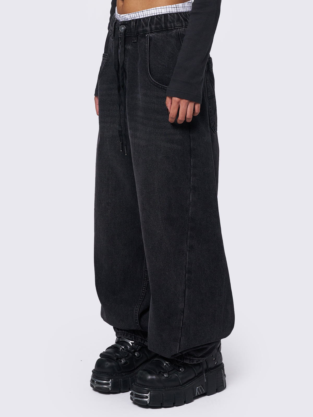 Oversized balloon jeans in washed black featuring elasticated drawstring waist