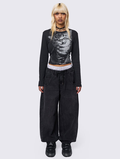 Oversized balloon jeans in washed black featuring elasticated drawstring waist