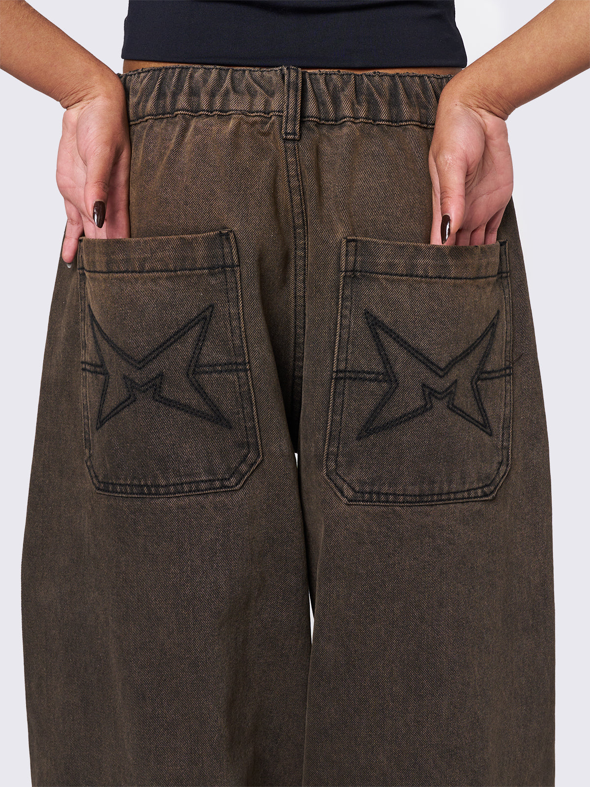 Oversized balloon jeans in washed brown with elasticated drawstring waist