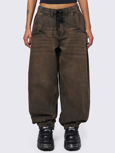 Oversized balloon jeans in washed brown with elasticated drawstring waist