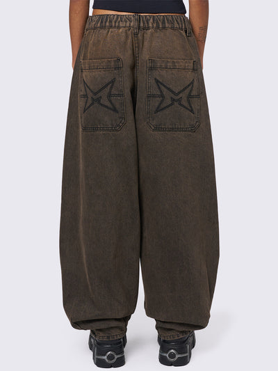 Oversized balloon jeans in washed brown with elasticated drawstring waist