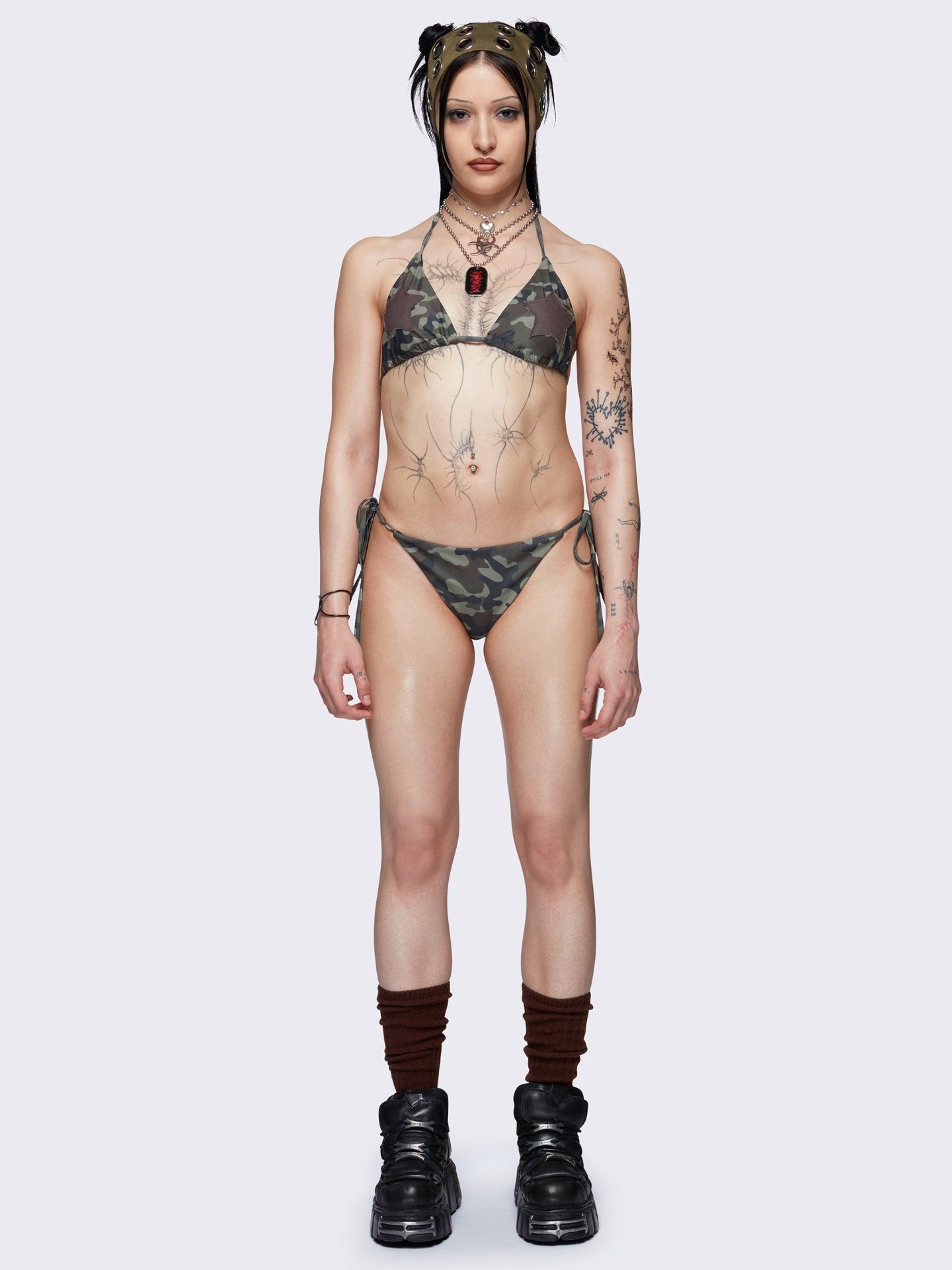 Tie side bikini bottoms with all over camo print