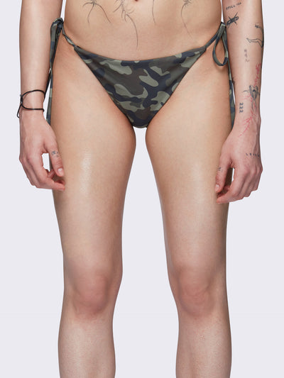 Tie side bikini bottoms with all over camo print