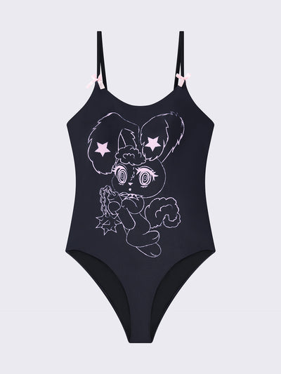 One-piece swimsuit in black with bunny graphic front print and pink laced up at back