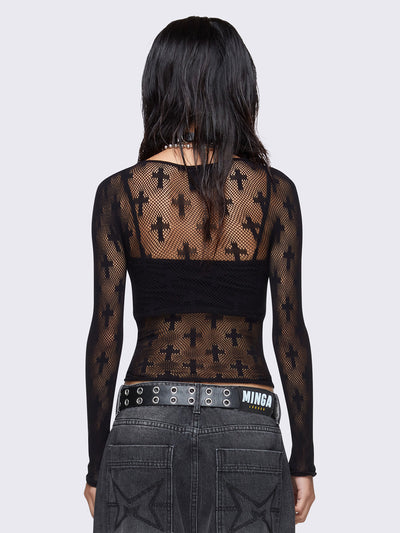 Fishnet top in black and with all over crosses design.