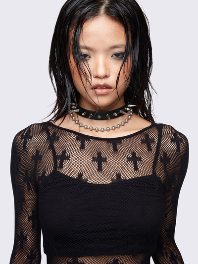 Fishnet top in black and with all over crosses design.