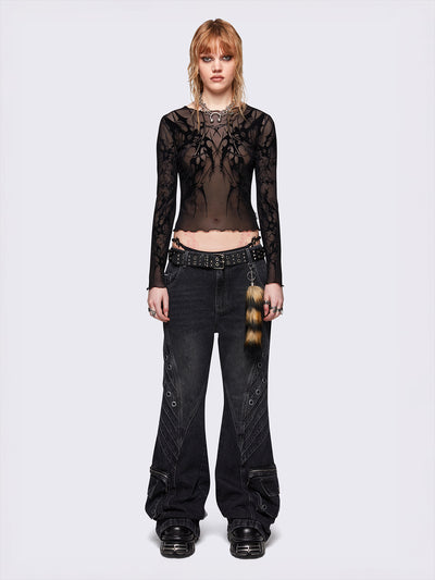 Black mesh top with all over sigilism graphic flock print.