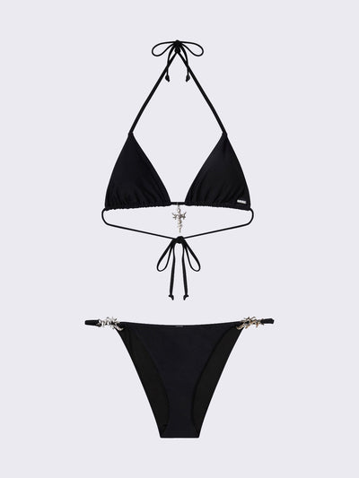 Halter neck triangle bikini top in black with metal pendant