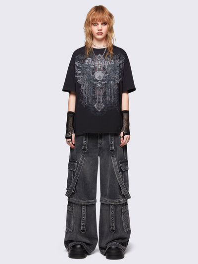 Black graphic t-shirt with "Dystopia" winged skull graphic front print. Relaxed oversize fit style.