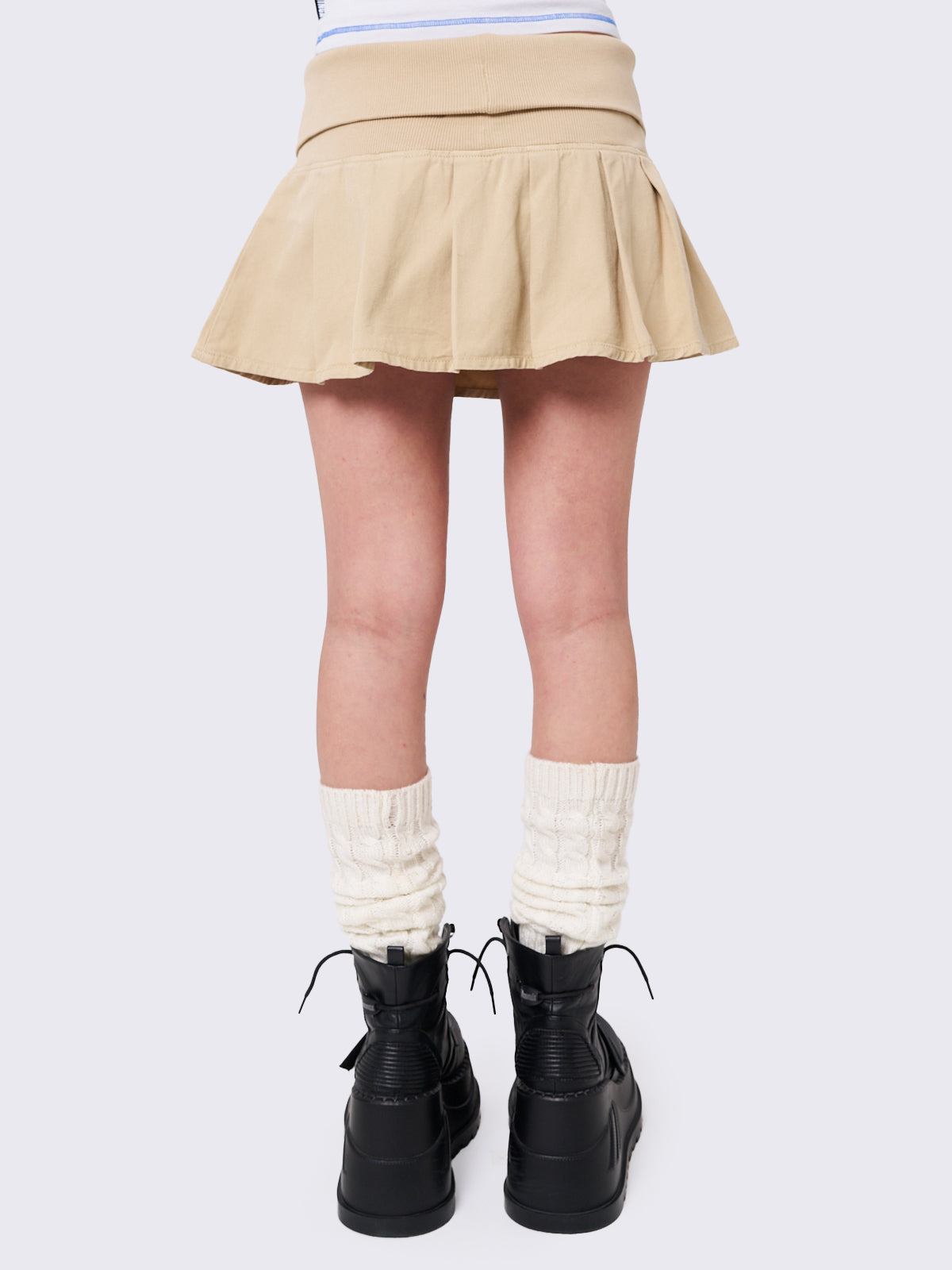 Beige Twill Pleated Mini Skirt with Elastic Folded Waistband and Front Pockets