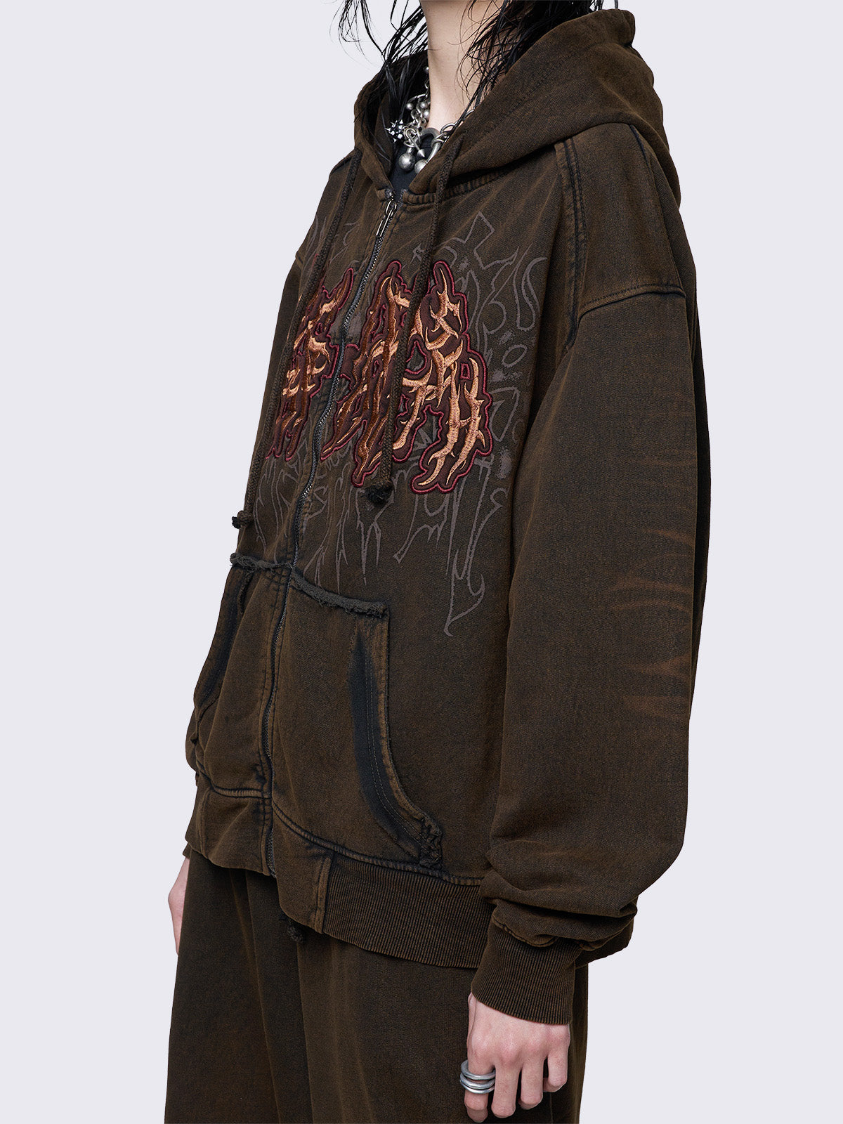 Oversized zip up hoodie jacket in washed brown featuring a "faith" graphic embroidered patch.