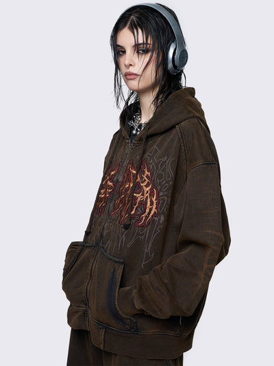 Oversized zip up hoodie jacket in washed brown featuring a "faith" graphic embroidered patch.